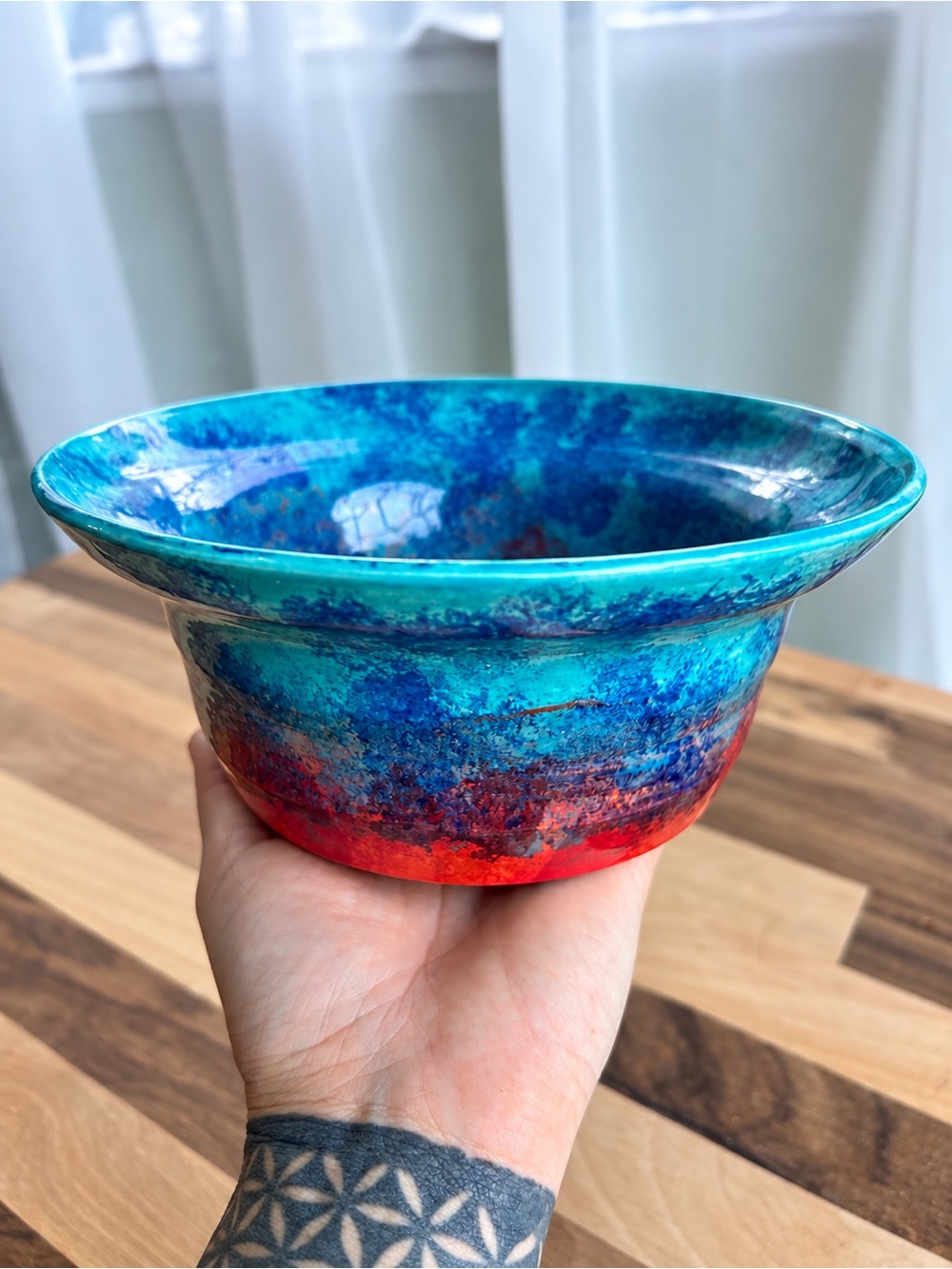 2019 Signed Studio Art Pottery Bowl Blue Turquoise Red Reactive Glaze 8”